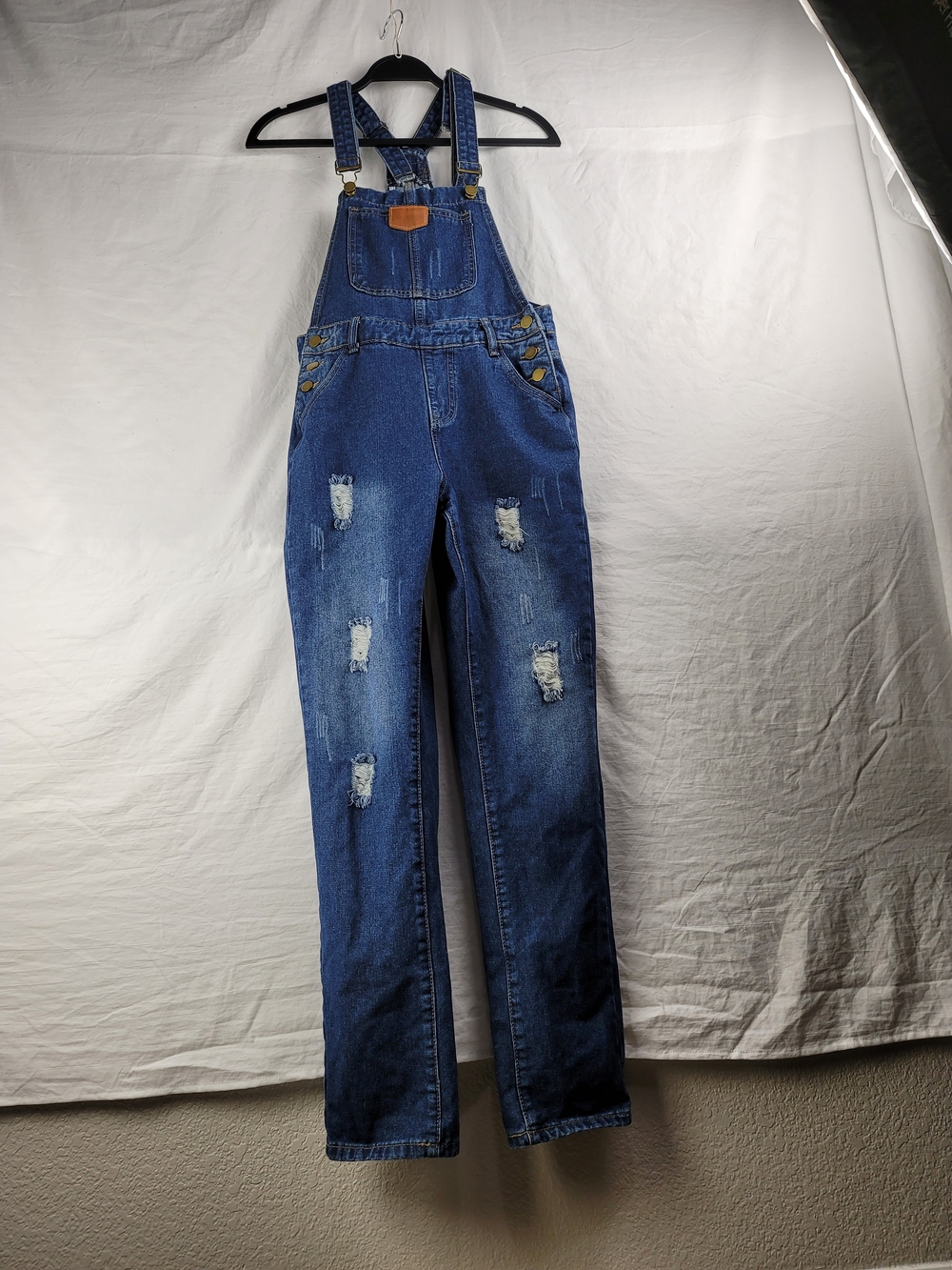 Dark Blue Distressed Women's Denim Overalls with Adjustable Straps
